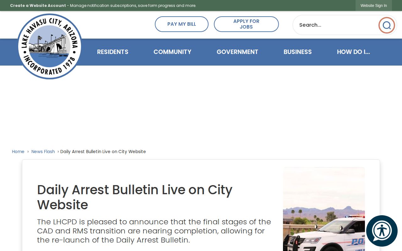 Lake Havasu City official daily arrest report relaunch and update schedule