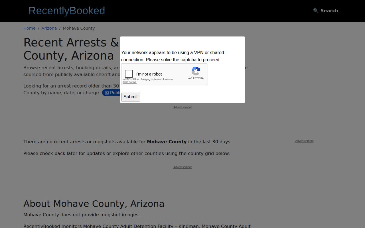 Mohave County mugshot archive landing page with current coverage caveat