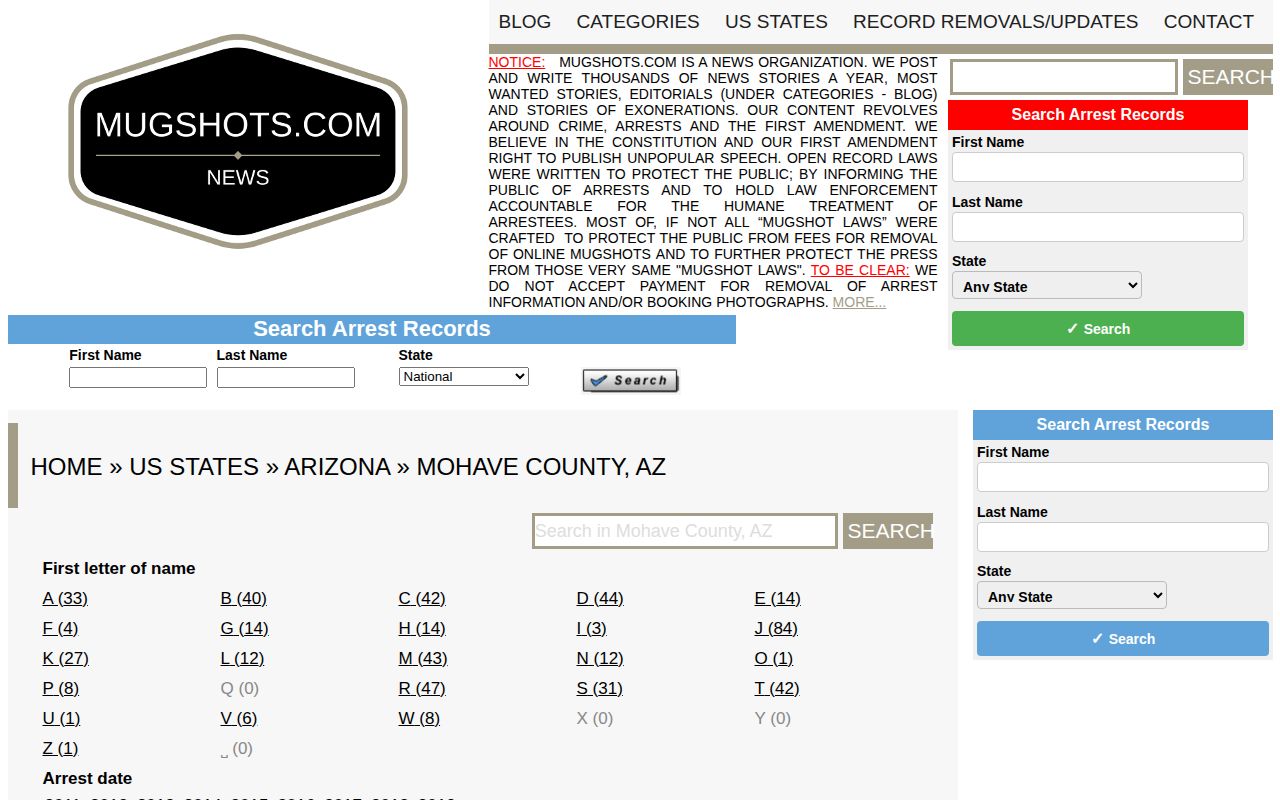 Mohave County legacy mugshot archive with stale year filters
